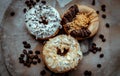 Three doughnuts covered with Cookies and creme, Almendras and Choco peanut butter Royalty Free Stock Photo