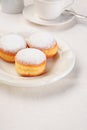 Three doughnuts on white plate Royalty Free Stock Photo