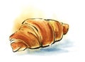 Three drawings of Fresh croissant. Morning baking. French bun curlicue bagel. Hand drawn watercolor illustration in different