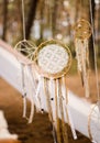 Three dreamcatcher on the background of a pine forest