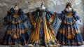 Three dresses with blue and gold designs Generative AI