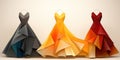 Three dresses in different colors on hangers, AI