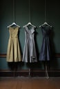 Three dresses hang on hangers in a room. Generative AI image.