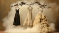 Three dresses hanging on a clothes rack in smoke. Generative AI image.