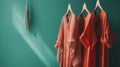 three dresses hanging on a wall with a green wall in the background