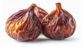 Three Dried Figs Displayed on White Background with Visible Details and Textural Contrasts Royalty Free Stock Photo