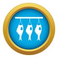 Three dried fish hanging on a rope icon blue vector isolated