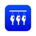 Three dried fish hanging on a rope icon digital blue