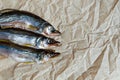 Three dried fish on parchment paper. Selective focus. Copy space Royalty Free Stock Photo