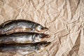 Three dried fish on parchment paper. Selective focus. Copy space Royalty Free Stock Photo