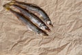 Three dried fish on parchment paper. Selective focus. Copy space Royalty Free Stock Photo
