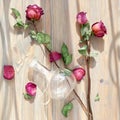 Three dried pink roses, scattered flower petals, green leaves, glass vase on wooden background top view close up Royalty Free Stock Photo