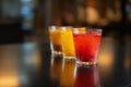 Three drinks of berries and fruit on a black table against the background of the restaurant`s interior