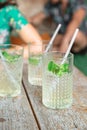 Three drinks with mint and straws in glasses Royalty Free Stock Photo
