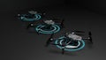 Three drone render with glowing circle radar effects on dark background Royalty Free Stock Photo