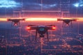 Three drones flying over a city at sunset, using augmented reality and data analysis Royalty Free Stock Photo