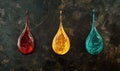 Three drops of paint, one red, one yellow, and one blue Royalty Free Stock Photo