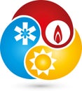 Three drops with water, snow and sun, air conditioning and plumbing logo