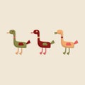 Three duck line up flat vector illustration