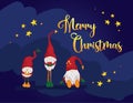 Three dwarfs, Santa`s elfs in red hats post card Merry Christmas. Blue background Royalty Free Stock Photo