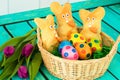 Three easter bunnies with colored easter eggs on a wooden tabel Royalty Free Stock Photo