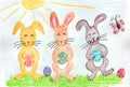 Three easter bunnies with eggs - children drawing