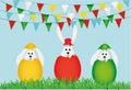 Three Easter bunnys hatched from an egg. A rabbits is sitting in grass