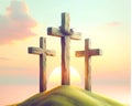 Three Easter Crosses Salvation Sacrifice Crucifixion Jesus Thieves Sunday Risen Morning Sunrise AI Generated