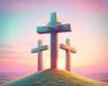 Three Easter Crosses Salvation Sacrifice Crucifixion Jesus Thieves Sunday Risen Morning Sunrise AI Generated