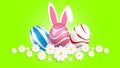 Three easter daisy eggs and rabbit ears