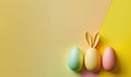 three easter eggs with bunny ears on a yellow and pink background with a yellow and yellow diagonal strip in the middle of the