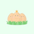 Three Easter eggs with satisfied emotions in the middle of the artboard in gentle tones. Vector illustration