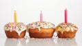 Three Easter Kulich cakes with white icing adorned with colorful sprinkles with lit candle. Traditional Russian Easter