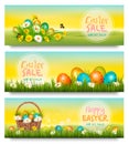 Three Easter Sale banners. Colorful eggs in green grass and spring flowers.