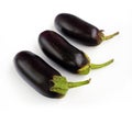 Three eggplants are arranged diagonally on a white background. Royalty Free Stock Photo