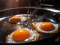 Three eggs frying in a frying pan on a stove. Generative AI image.