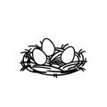 Three eggs lie in a nest of straw. Hand-drawn black on white chicken eggs. Vector stock illustration isolated on white background Royalty Free Stock Photo