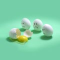 Three eggs with sad faces next to broken egg