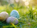Three eggs are sitting on a green field Royalty Free Stock Photo