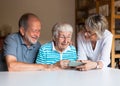 Three elderly persons using smart phone