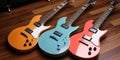 Three electric guitars are lined up on a wooden floor. AI
