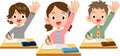 Three elementary school boys and girls raising their hands to announce Royalty Free Stock Photo