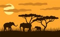 Elephants Family in Savannah Sunset Flat Style Royalty Free Stock Photo