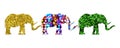 Three elephants with different patterns isolated on a white background