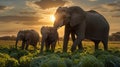 African Elephants Family Walking Together at Golden Sunset Through the Savannah Landscape Royalty Free Stock Photo