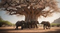 Three Young Elephants Playing Under a Blooming Baobab Tree in the African Savanna Royalty Free Stock Photo