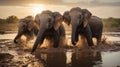 Baby Elephants Splashing and Playing Joyfully in Muddy Water at Sunset Royalty Free Stock Photo