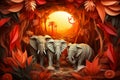 three elephants in the jungle at sunset