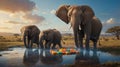 A Serene African Scene: Elephants Reflecting in Water, Colorful Sweet Temptation on the Water. Royalty Free Stock Photo