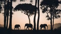 Three elephants stand as proud sentinels at the edge of a dense forest